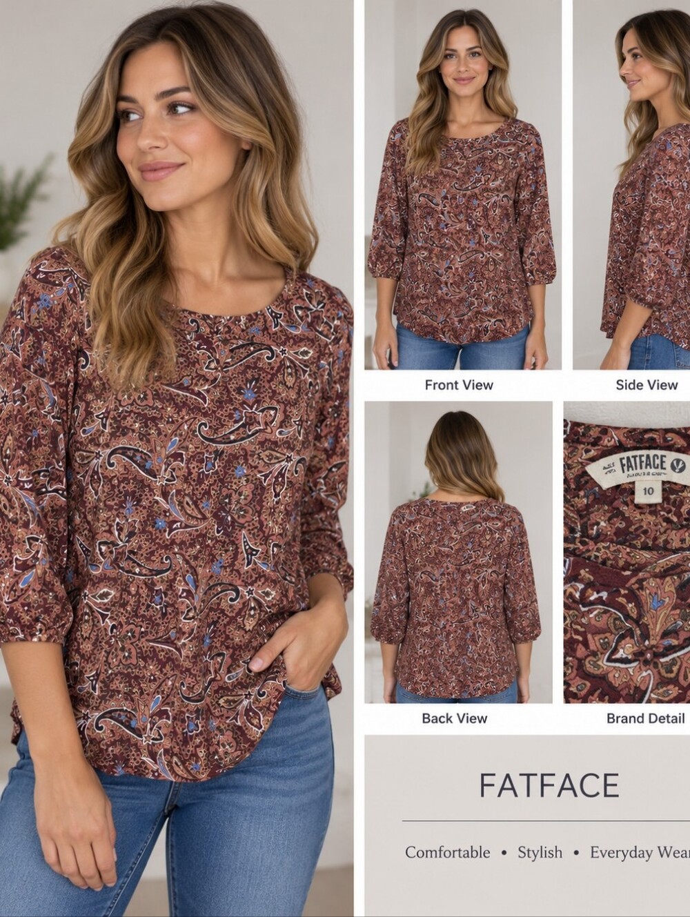 FatFace Brown Paisley Scoop Neck 3/4 Sleeve Blouse